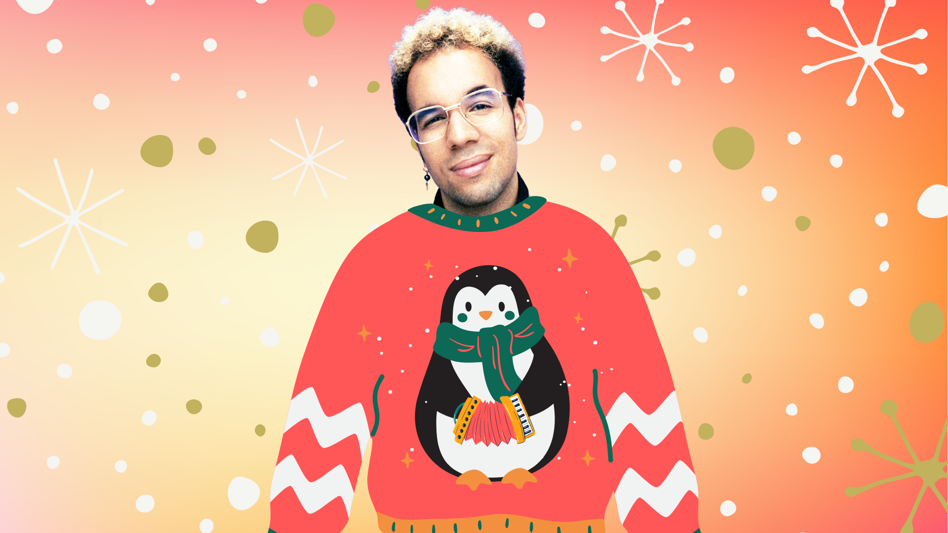 Accordionist Théo Ould wearing a cartoon sweater. On the sweater is a penguin playing the accordion. There is a gold and red gradient background with gold and white illustrated stars.